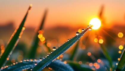 Vibrant sunrise illuminating dew-kissed grass blades, showcasing natures beauty in the early morning light