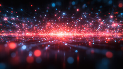 Wall Mural - Abstract red and blue glowing particles connect to create a network.