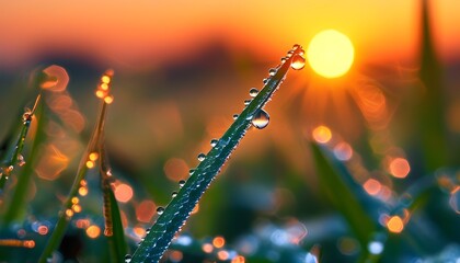 Vibrant sunrise illuminating dew-kissed grass blades, showcasing natures beauty in the early morning light