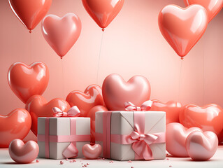 Abstract valentines day background with balloons love heart pattern and gift box.