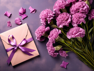 Sticker - Envelope and self made greeting card concept with fresh carnation flowers.