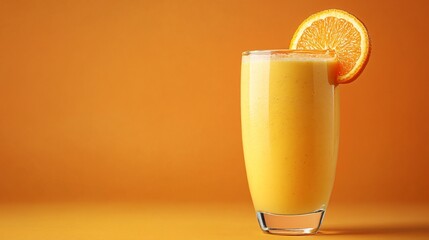 Poster - Glass of orange juice with orange slice garnish against an orange background.