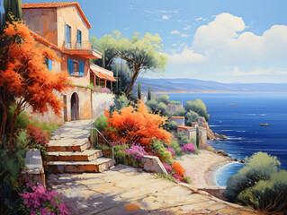 Canvas Print - Summer street of the coastal town, Oil painting.