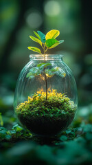 Sticker - A small sapling in a glass terrarium surrounded by green moss.