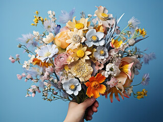 Sticker - Woman's hand and creative bouquet made of various spring flowers.