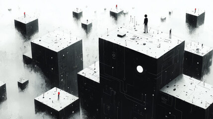 Silhouettes of people stand on top of black and white blocks in a cloudy futuristic cityscape.