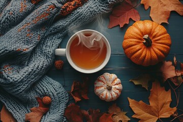 Wall Mural - A white mug with a hot beverage sits on a table with a blanket