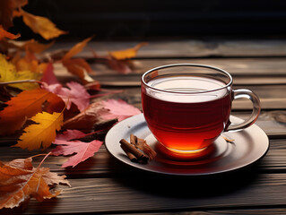 Autumn warming tea on a wooden table with autumn tree leaves lying nearby