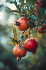 Three ripe pomegranates hanging from a leafy branch, showcasing their vibrant red color against a soft, blurred background.