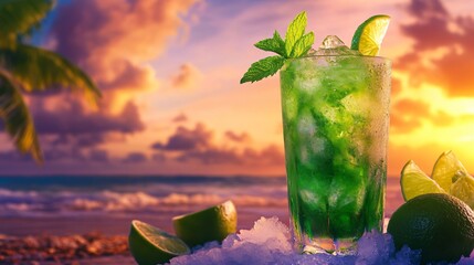 Poster - Green tropical cocktail with lime and mint in a tall glass sitting on ice in front of a sunset.