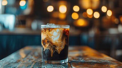 Sticker - Iced coffee with cream swirling in a glass on a wooden table, a blurred background with warm lights.