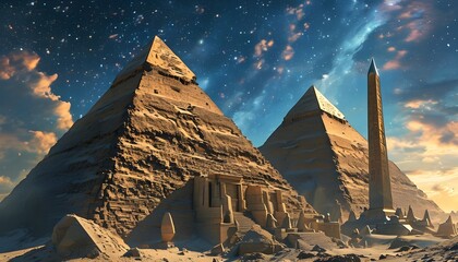 Wall Mural - Futuristic Egyptian Megacity with Necrobotic Pyramids and Obelisk Beneath a Starry Sky