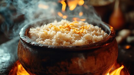 Steaming Rice in a Clay Pot Over an Open Fire