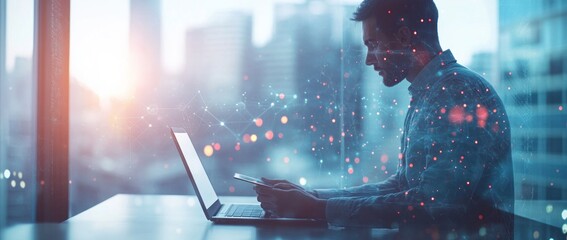 Poster - Businessman Working on Laptop with Network Overlays