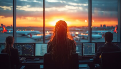 Wall Mural - Air Traffic Control Tower at Sunset