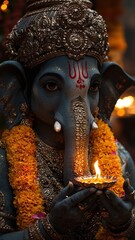 A beautifully adorned Ganesha idol holds a glowing oil lamp, surrounded by vibrant marigold flowers and intricate jewelry, creating a spiritual and festive atmosphere during a traditional celebration.