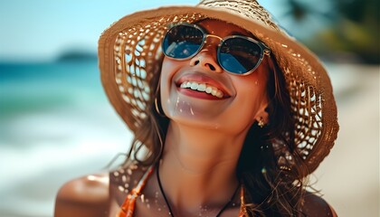 Wall Mural - Joyful woman in sunglasses enjoying a blissful beach vacation, radiating happiness and gratitude in the sunshine.