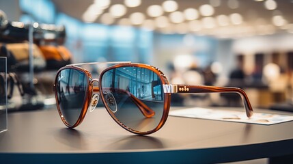 Close-up of luxurious and beautiful designer sunglasses displayed in a luxury store at an airport.