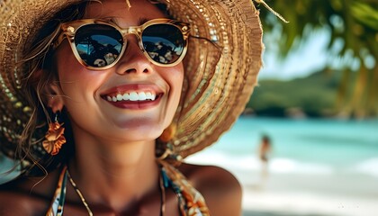 Wall Mural - Joyful woman in sunglasses enjoying a blissful beach vacation, radiating happiness and gratitude in the sunshine.