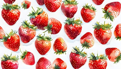 Wall Mural - Whimsical Strawberry Watercolor Pattern on a Crisp White Canvas