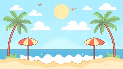 Cartoon illustration of a beach scene with two palm trees, two umbrellas, and a sunny sky.