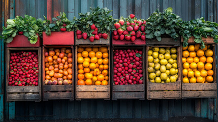 Fresh fruit in wooden crates.