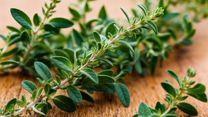 Wall Mural - Fresh thyme sprigs with delicate green leaves closeup