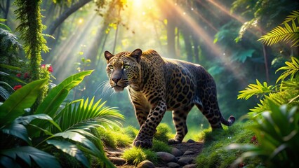 Wall Mural - Majestic Pantera Walking Through Lush Green Forest with Vibrant Flora and Natural Sunlight Rays