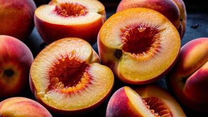 Halved peaches with juicy orange flesh closeup