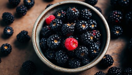 Wall Mural - Juicy blackberries in a rustic bowl closeup