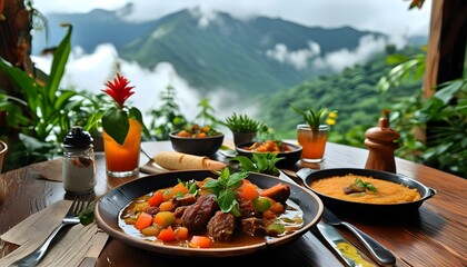 Bandeja paisa feast on a table surrounded by lush plants and mountain views, under a dreamy sky filled with clouds in Medellins charming restaurant setting