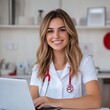 © Ai-Pixel - Smiling female doctor with laptop, office.