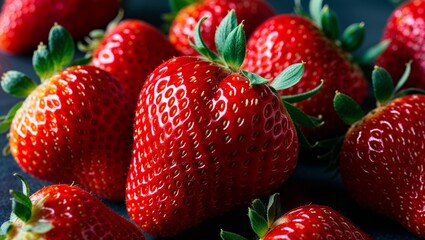 Poster - Ripe strawberries with glossy red skin closeup