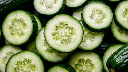 Wall Mural - Sliced cucumbers with crisp green skin closeup