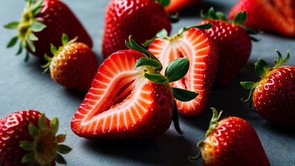 Poster - Sliced strawberries with juicy red flesh closeup