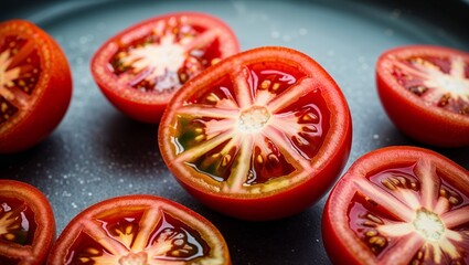 Poster - Sliced tomatoes with rich red flesh closeup