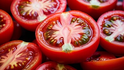 Poster - Sliced tomatoes with vibrant red flesh closeup