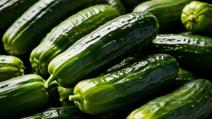 Poster - Whole cucumbers with smooth glossy skin closeup