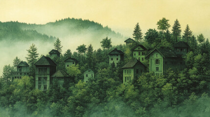 Sticker - Misty morning view of houses nestled in the trees