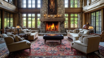 A large living room with a fireplace and a large stone mantle