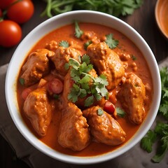 Delicious juicy tasty butter chicken dish well cooked with Tomato sauce with some vegetable served, traditional butter chicken, tasty butter chicken curry dish