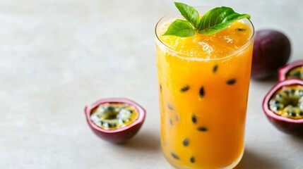 Refreshing passion fruit juice in a glass with ice, basil leaves and passion fruits on a white background.