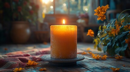 A burning candle on a wooden table with a rug, petals, and a plant with yellow flowers.