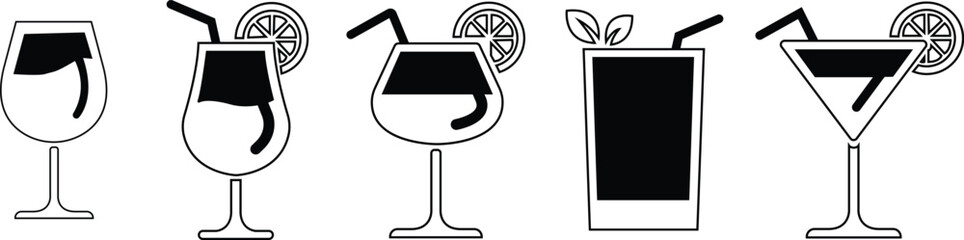 Alcoholic Cocktail icons Set. Beverage vectors in trendy styles. Minimal summer alcohol cocktail in glass for restaurant and menu designs elements. drink signs isolated on transparent background.