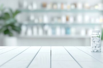 Bright, sterile pharmacy interior, minimalist design, soft white hues, organized shelves, modern ambiance, inviting atmosphere, ideal for health and wellness products.