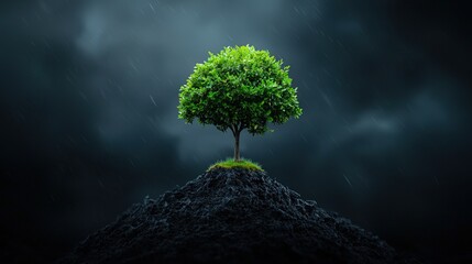 Low-angle shot of a tree with dense foliage against a stormy sky