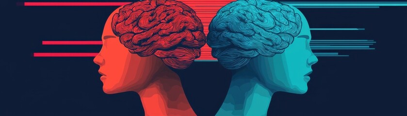 A striking illustration of two profile heads with contrasting colored brains, symbolizing creativity and intelligence.