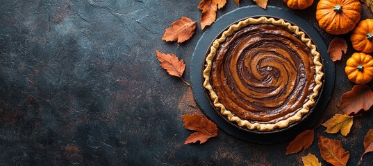 Wall Mural - A pumpkin pie sits on a black plate with a swirl of brown and orange filling