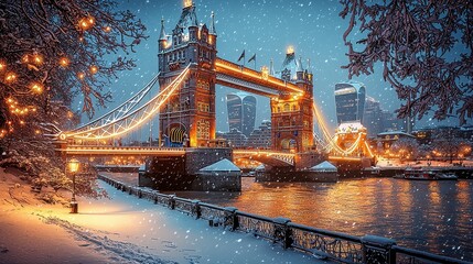 Snowy Night View of Tower Bridge  London