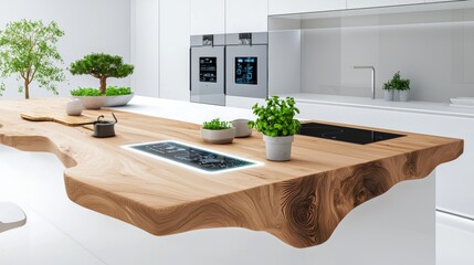 Wall Mural - A modern kitchen featuring a stunning wooden countertop with plants, sleek appliances, and a minimalist design aesthetic.